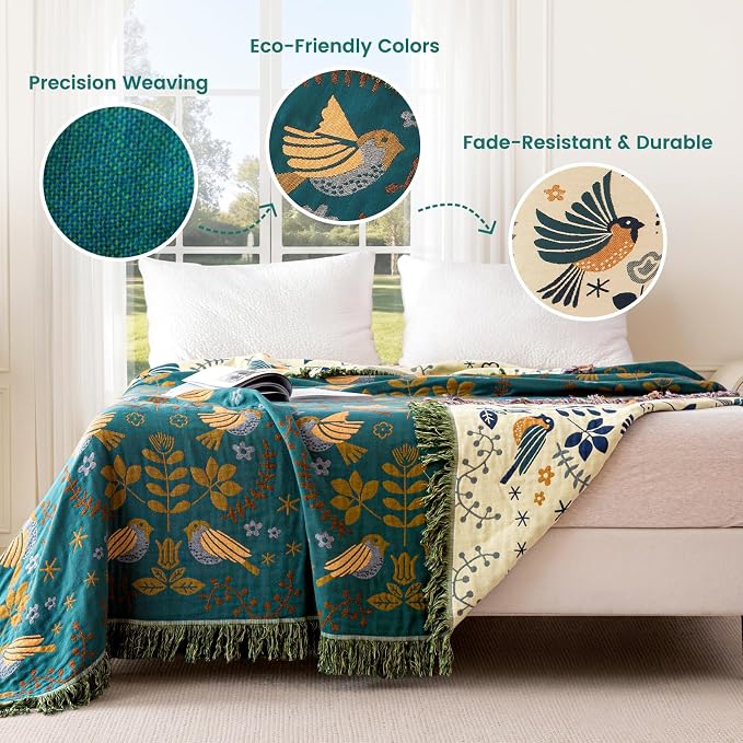 MSGKV Boho Throw Blanket 50"x60" Cotton Blanket for Couch and Sofa Cover for Living Room Summer Throw Decorative Woven Bird Blankets
