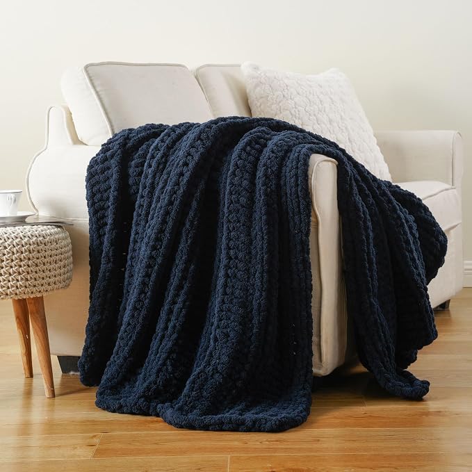 Battilo Chunky Knit Throw Blanket for Couch, 50"x60", Navy Blue | Hand Knit, Gift Blanket, Cozy Warm Thick Soft Chenille Throw Blanket for Bed, Sofa, Chair, Living Room