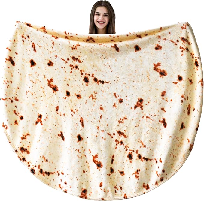 Vessia Burritos Tortilla Blanket Throw Size(Beige,47 inches), Giant Realistic Funny Food Throw for Adults and Kids, 300 GSM Double Sided Soft Novelty Round Taco Home Decor