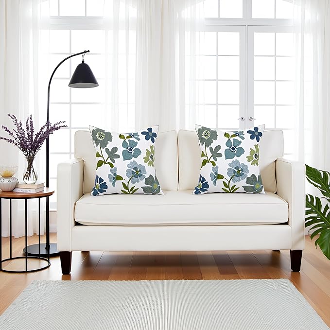 Embroidered Throw Pillow Covers 18x18 inch Pack of 2 Blue Blossoms Spring Summer Decorative Pillowcases Farmhouse Coastal Pillow Cushion Cases Home Decor for Sofa Bed Living Room