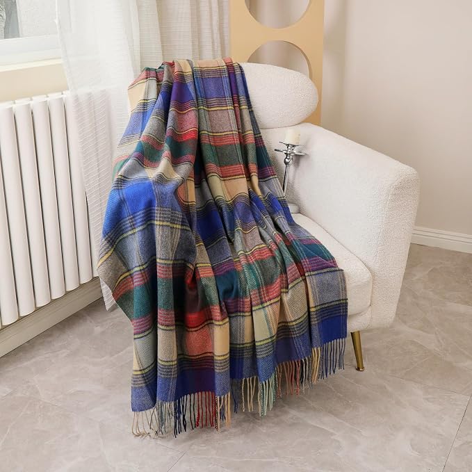 Woolly Throw Pure Wool Blanket - Large 55x83 inches, 1.5 lbs,Wool Fringed Knee Throw Blanket for Couch Bed Outdoor Travel,Soft Lightweight Breathable Blanket for All Season,Blue-red Lattice