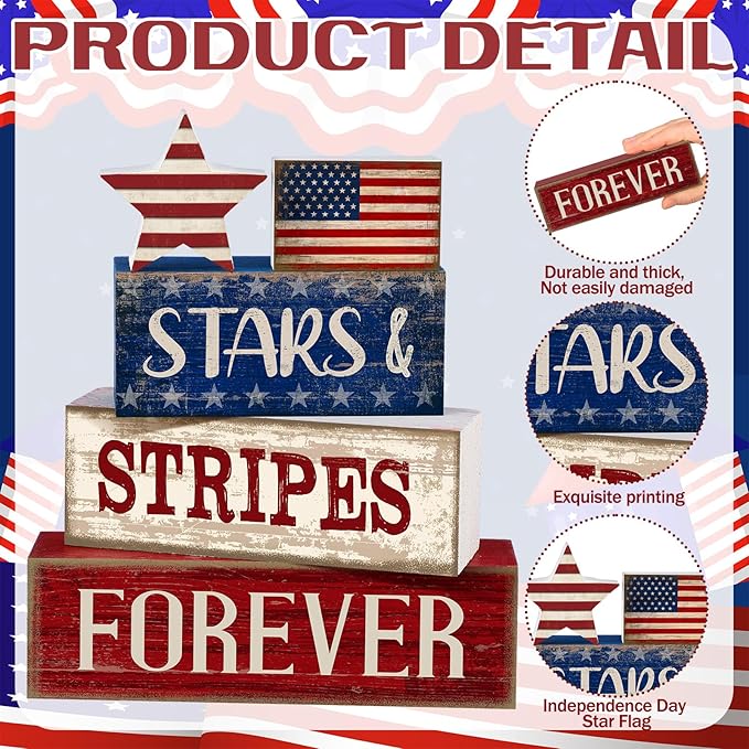 CroBlissful 5 Pcs 4th of July Decorations Patriotic Memorial Day Tabletop Decoration Forever Red White Blue Table Centerpieces Sign for Office Tiered Tray Home Shelf 250th Anniversary