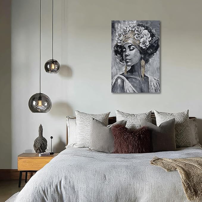 ZUNARE Abstract African Woman Canvas Wall Art Black White and Gold Portrait Painting Modern Figurative Artwork for Living Room Bedroom Office Decor 24x36inch