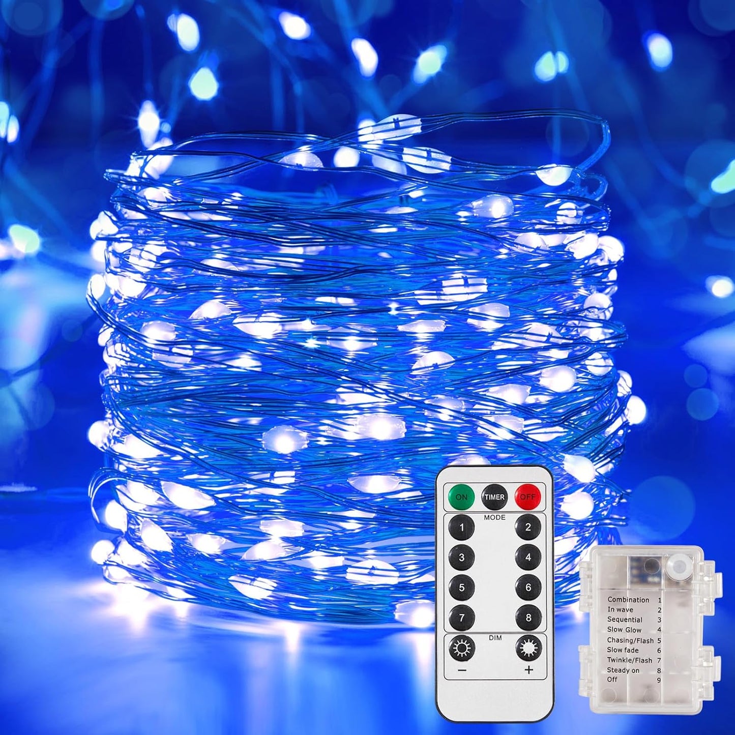 2 Pack 32.8 Ft. Battery Operated Outdoor String Lights with Remote & Timer, LED Blue Fairy Lights, Waterproof Twinkle Lights for Bedroom, Dorm, Mason Jar, Wedding, Party, Christmas