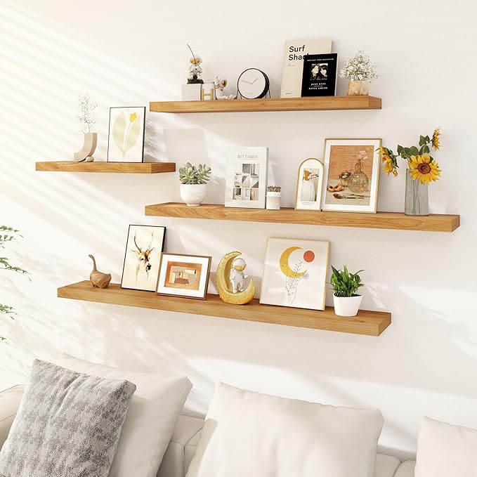 Floating Shelves, Deep USA-Sourced Rustic Elm Wood Wall Shelves for Storage, 8 Inch Deep Wall Mounted Display Shelving with Invisible Heavy-Duty Metal Bracket (Natural, 36" W x 8" D, Set of 2)