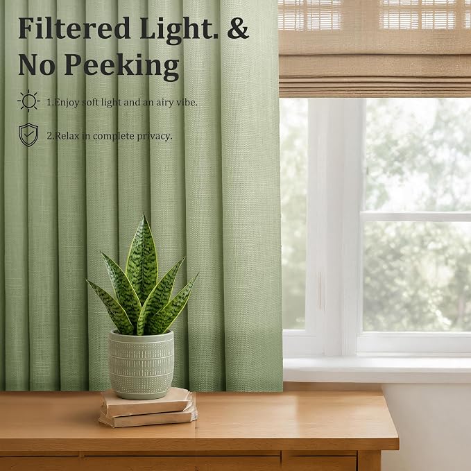 Pinch Pleated Linen Curtains 120 Inch, 2 Panels Premium 400GSM Memory Trained Semi Sheer Light Filtering Window Drapes for Living Room Bedroom Dining, Back Tab & Adjustable Hooks Rings , Sage Green