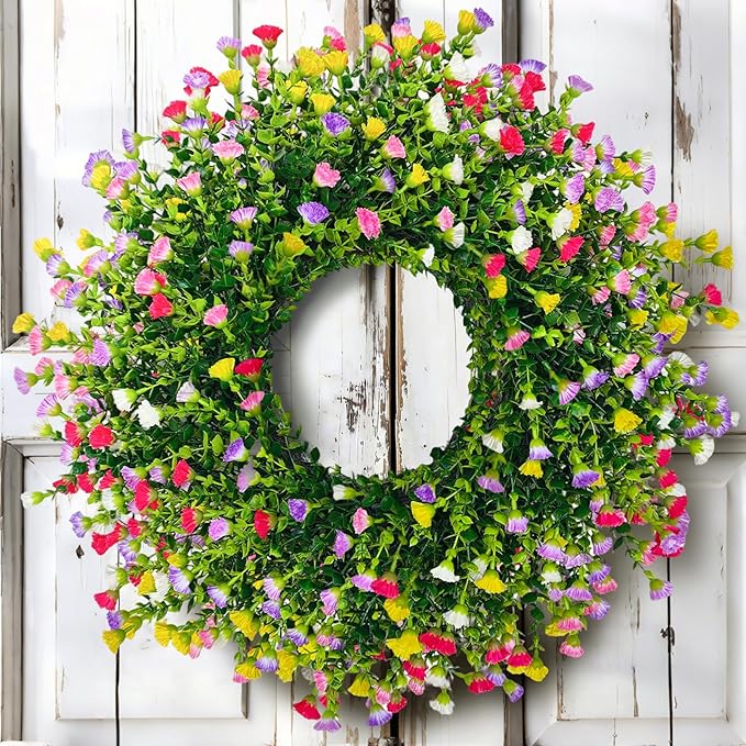 Spring Wreaths for Front Door, 24 Inch Large Farmhouse Colorful Cottage Wreath, Extra-Full 378 Silk Artificial Carnation Floral Wreath, Blossom & Greenery Hanging for Porch, Home Summer Decorations