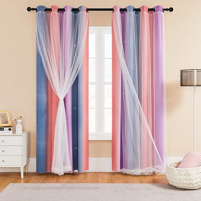 XiDi Grey Pink Purple 54 Inches Curtains for Girls Bedroom 2 Panels Set, Blackout Rainbow Curtains for Kids Room Decor, Unicorn Wall Decals Drapes for Little Girl Nursery Room 52 Inches Wide