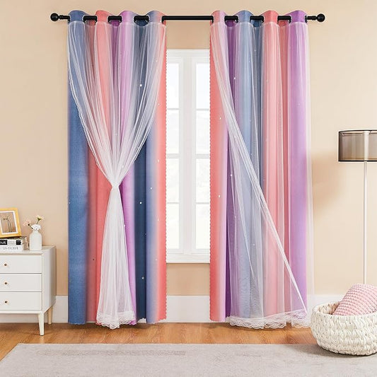 XiDi Girls Curtains for Bedroom 96 Inches Long 2 Panels Grey Pink Purple Rainbow Blackout Curtains for Little Girl Kids Room Decor Living Room, Princess Unicorn Wall Decals Drapes 52x96