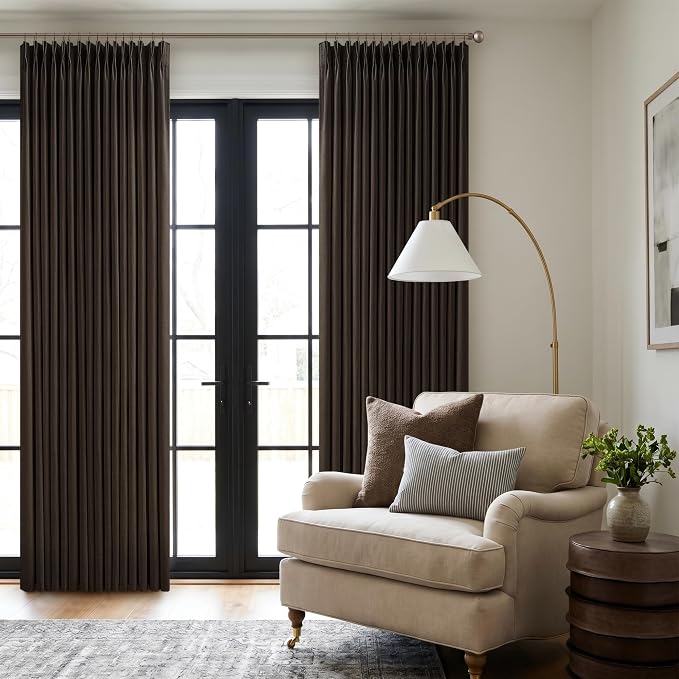 Dark Chocolate 105 Inch Pinch Pleated Linen Curtains 2 Panels Set for Living Room Bedroom Boho Farmhouse Light Filtering Semi Sheer Back Tab Pinch Pleat Hooks Rings Window Curtain 105 Inches Long