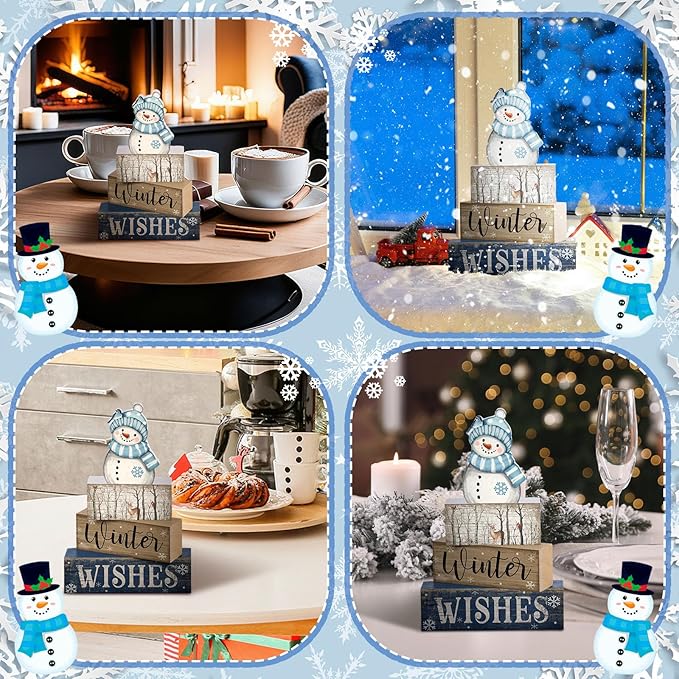 Lineshading 4 Pcs White Table Decor Wooden Snowman Blue and White Winter Tiered Tray Decor Christmas Table Centerpiece Wooden Rustic Snowman Block Sign Gifts Farmhouse for Home Kitchen Shelf