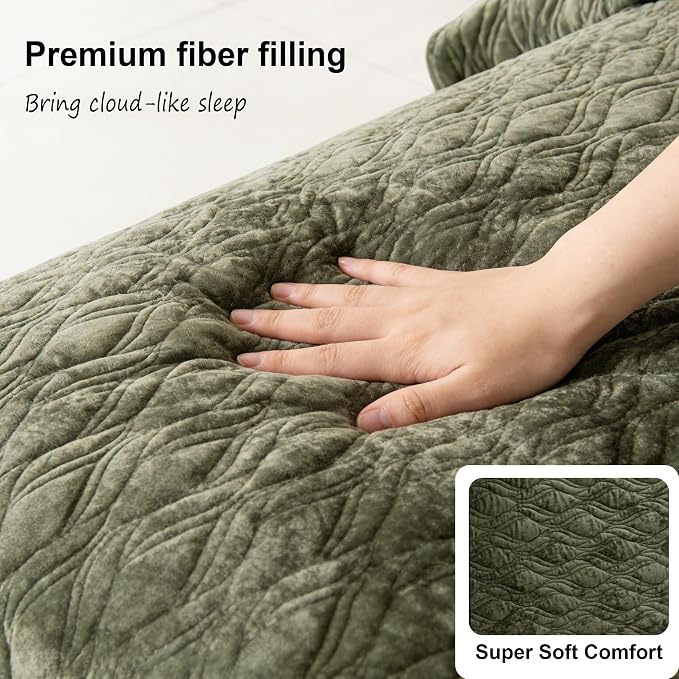 Velvet Quilt Set King Size 98x106 Quilted Bedspread with 2 Pillow Shams Ultra Soft Polyester Bedding All Season for Bedroom Guest Room Hotel Retro Pastoral Home Decor,Army Green
