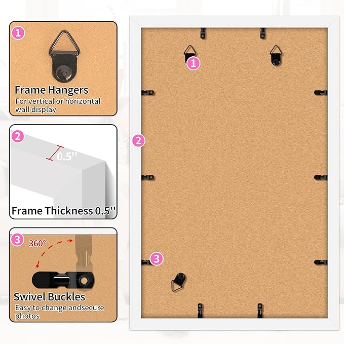 11x17 Picture Frame, Vertical or Horizontal Wall Hanging Frame for Photos, Posters & Art Prints, Display Pictures 9x15 with Mat or 11 x 17 Without, White Frame with Clear Plexiglass, 2 Pack
