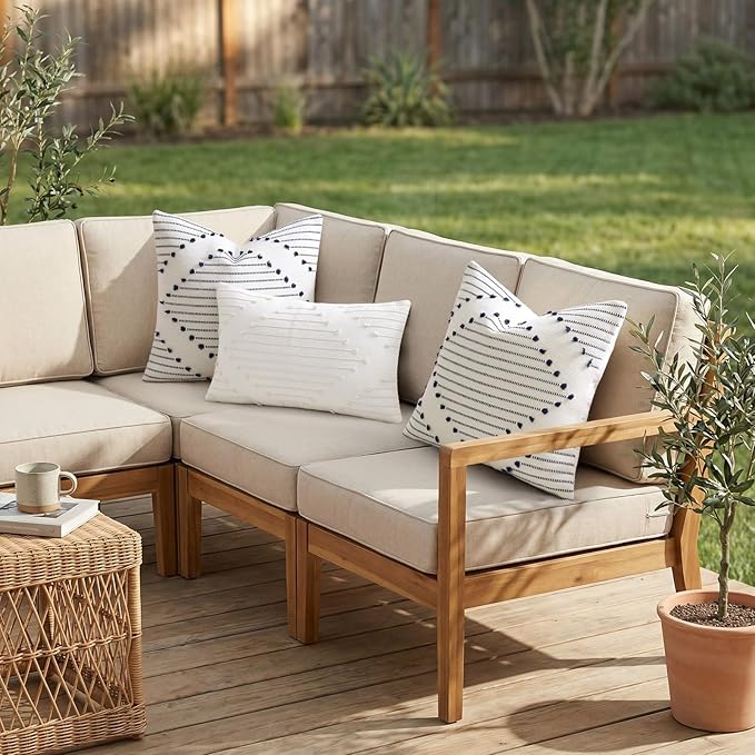 Mecatny Boho Summer Outdoor Throw Pillow Covers 18X18 Set of 2, Farmhouse Decorative Pillow Covers for Couch Sofa Living Room, Beige & Cream White