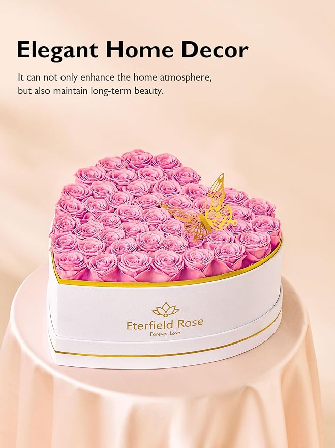 Eterfield 47 Forever Flowers in Heart Shape Box, Preserved Roses That Last a Year Preserved Flowers Birthday Gifts for Her Mom Women Wife Anniversary Valentines Day Mothers Day Christmas, Pink