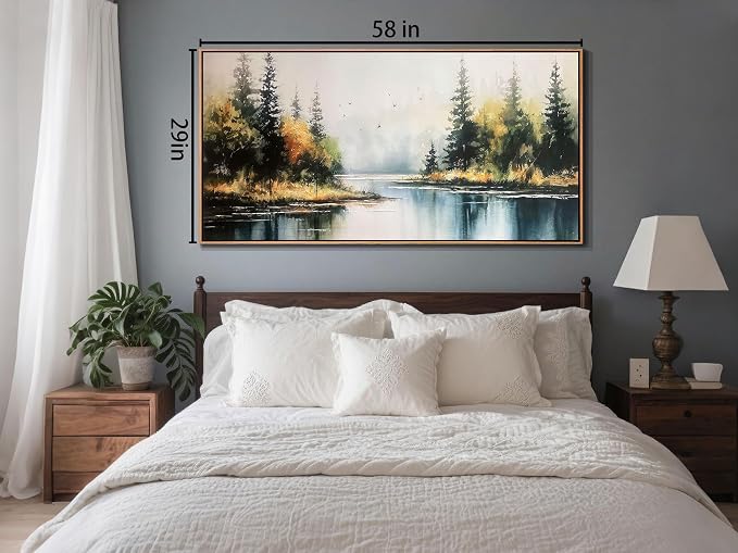 Arjun Forest Wall Art Canvas Landsacape Lake Painting Framed Large 58"x29" | Extra Large Wall Art for Living Room Bedroom Textured Lake Scenery Picture Artwork Dining Room Kitchen Home Office Wall Decor