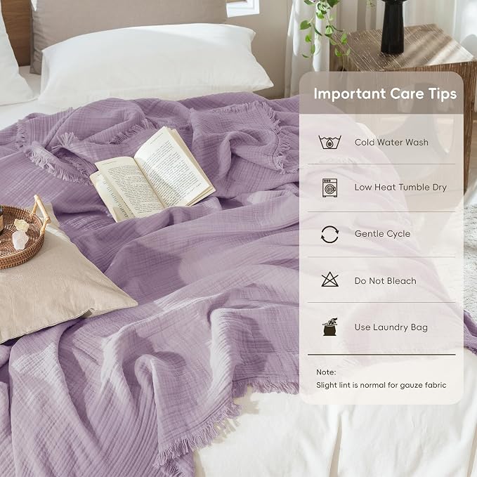 MooMee Muslin Blanket - 100% Cotton 4-Layer Gauze Throw Blanket with All-Around Fringe, Soft Breathable Lightweight Cooling Summer Blankets for Bed Couch(Light Purple,Throw XL 50" x 70")