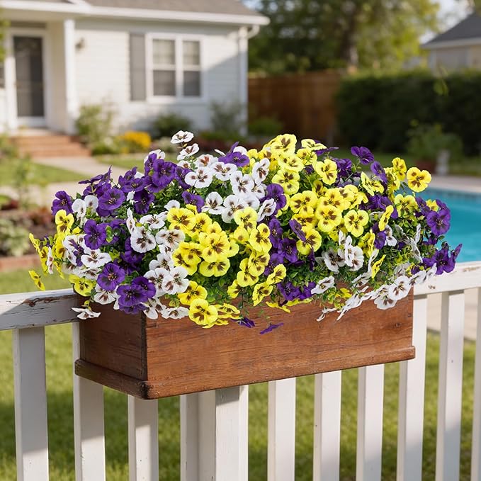 24 Pcs Artificial Fake Pansy Flowers for Outdoor,Faux Silk Plants Flowers UV Resistant Pansies Spring Flowers for Planter Front Door Porch Yard Patio Garden Window Box Home Decor(3 Color)