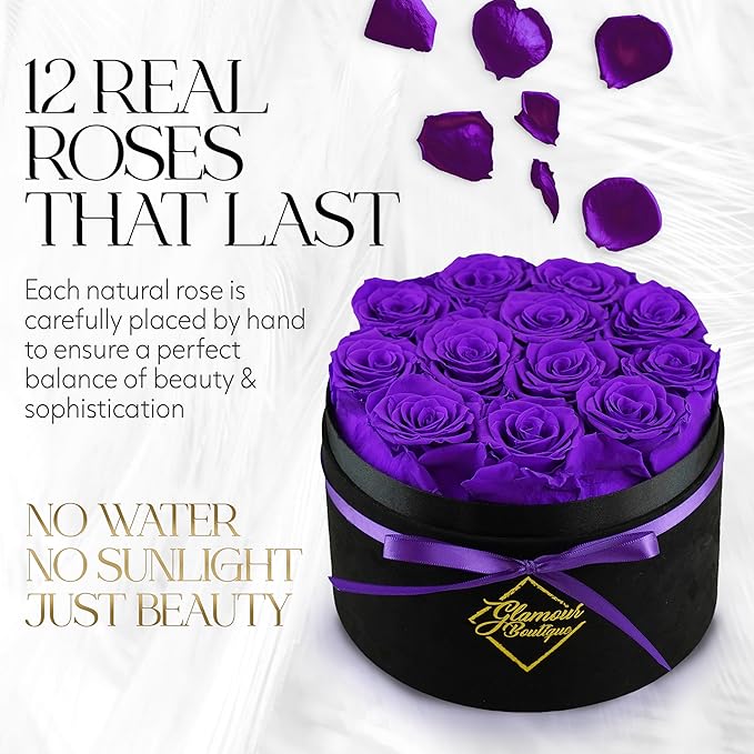 GLAMOUR BOUTIQUE Flowers Forever Gift Box, 12 Real Preserved Roses in Velvet Box, Floral Gift for Her, Mom or Wife for Birthday, Mother’s Day, Anniversary or Graduation, Purple (Color-Treated)