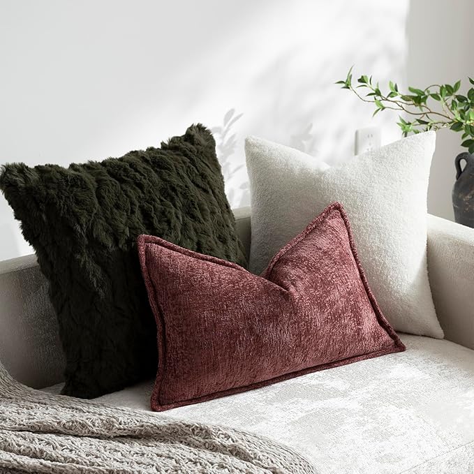 DEZENE Pack of 2 Christmas Burgundy Fall Decorative Throw Pillow Covers 12x20 Cozy Soft Chenille Accent Vintage Rectangular Lumbar Couch Pillow Covers for Home Decor Bed Sofa Living Room