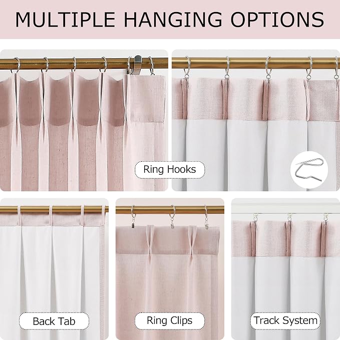Vision Home Pink Pinch Pleated Light Filtering Curtains with Microfiber Liner 108 inch Linen Blended Textured Privacy Drapes for Living Room Girls Bedroom Back Tabs with Hooks 2 Panels 40" Wx108 L