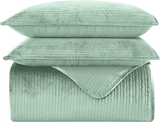 Elegant Comfort Luxury 3-Piece Velvet Corduroy Stripe Quilt Set, Ultra Soft Bedspread - Cozy Velvet Coverlet Set - 3PC Medium Weight Quilted Set with Matching Pillow Shams, Twin XL, Smoke Green