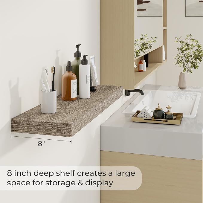 Dreamland 30Inch Floating Shelves for Wall 8" Deep Grey Set of 2 | Wall shelves for bathroom, bedroom, Living Room, kitchen, deep wall mount wood storage display for home decor 30" x 8"