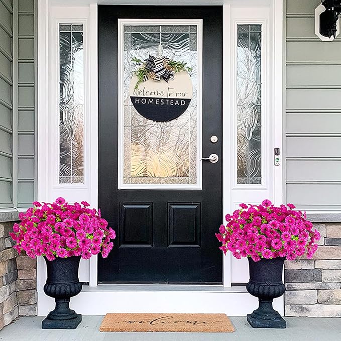 Hrobek Artificial Flowers for Outdoors Decoration, 12 Bundles Fake Plastic Flower Plant, Faux Colorful Silk Morning Glory Eucalyptus for Outside Garden Porch Front Door Decor, Purple
