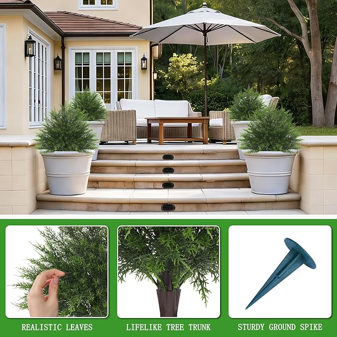 Yangrass 23" Artificial Cedar Topiary Ball Trees with Spike, Set of 2 UV Resistant Fake Evergreen Bushes Shrubs Trees, Realistic Faux Cypress Plants for Outdoor Indoor