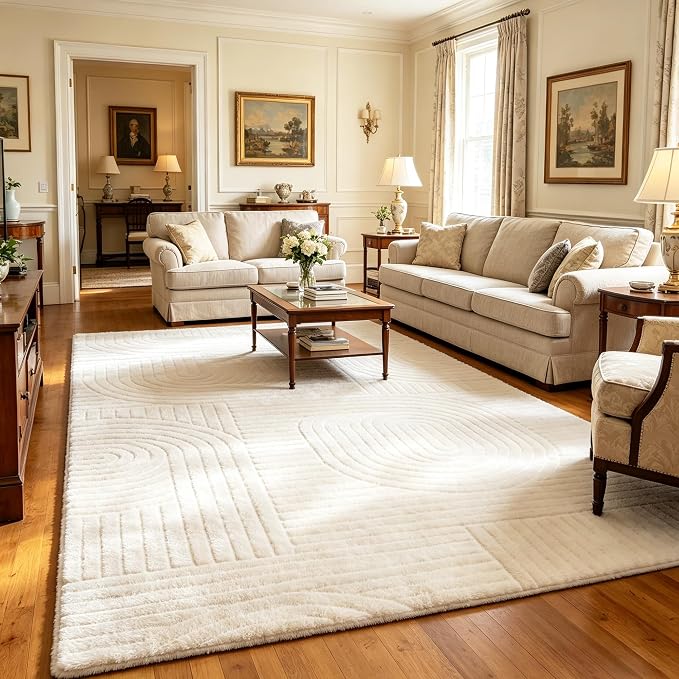 Beige 5x7 Solid Color Area Rug, Washable Rugs for Living Room Bedroom | Ultra Soft Plush Boho High-Low Pile Texture Indoor Carpet, Fluffy, Non-Slip Rugs for Bedside, Kids Room, Nursery, Home Office