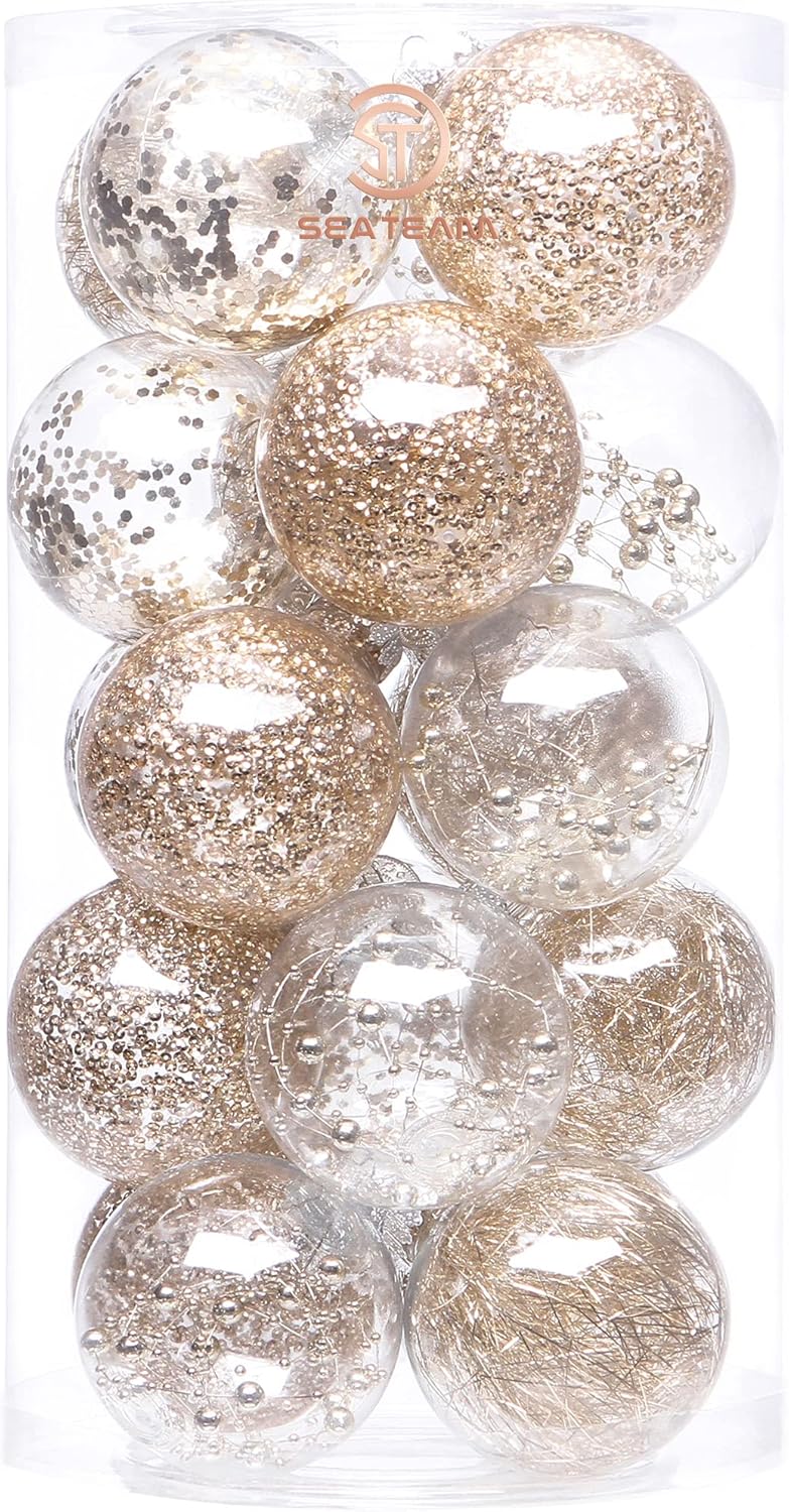 Sea Team Shatterproof Clear Plastic Christmas Ball Ornaments Decorative Xmas Balls Baubles Set with Stuffed Delicate Decorations (80mm/3.15 inch 20-Pack, Champagne)