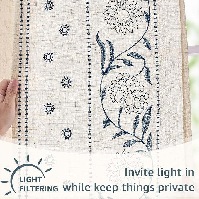 jinchan Winslow Linen Curtains 96 inches Long for Bedroom Embroidered Bordered Floral Curtains for Living Room Farmhouse Decor Light Filtering Window Treatments Blue on Beige Drapes 2 Panels
