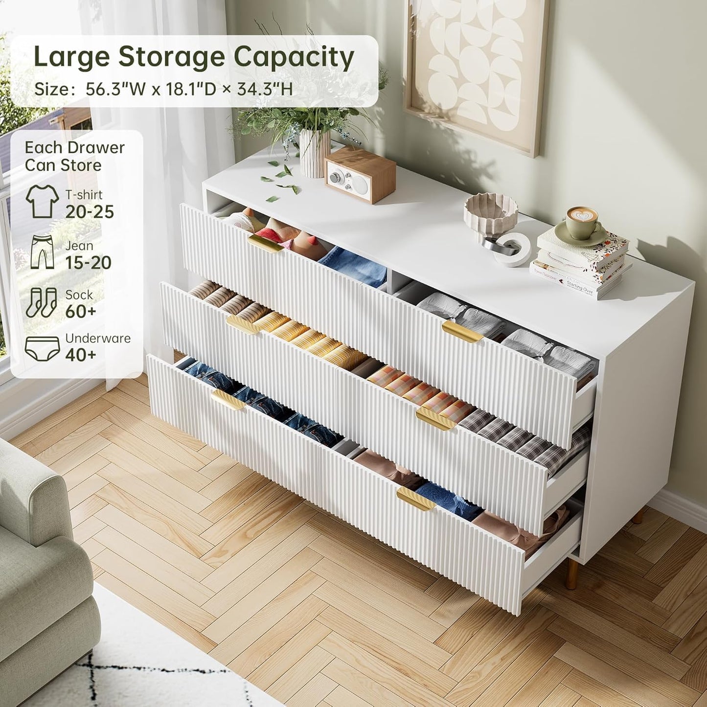 GAOMON 6 Drawer Dresser, Wood Chest of Drawers Organizer Storage with Gold Handle, Large Storage Cabinet, Modern Design Dresser for Bedroom, Living Room, Closet, Hallway, Entryway, White