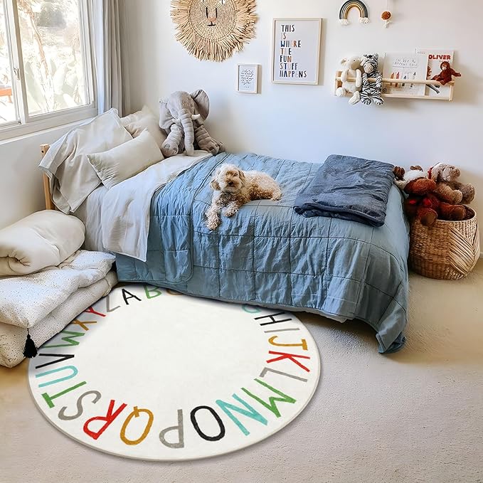 Topotdor Rainbow Round Kids Play Rug Alphabet Nursery Area Rug Extra Large Soft Crawling Play Mat for Children Toddlers Bedroom (71 inch, Multi Color)
