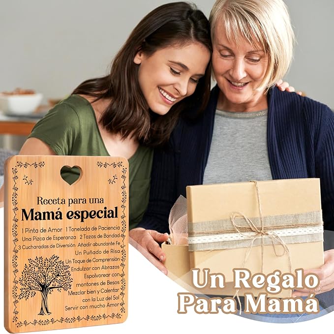 Regalos de cumpleaños para mamá - "Receta para una mamá especial". Juego de tablas de cortar y utensilios de bambú grabados. Regalos de cumpleaños para mamá. Spanish Mom Cutting Board