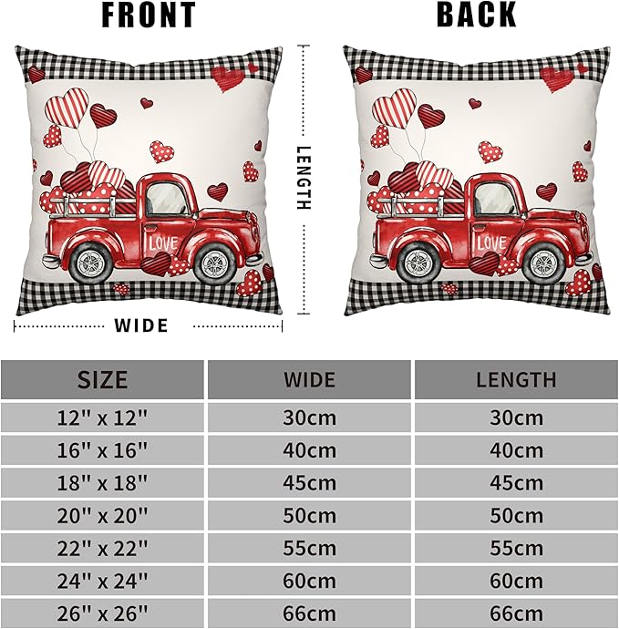 Valentines Throw Pillow Covers 22x22 Valentines Day Red Truck Pillow Covers Pack of 2 Heart Balloon Black Buffalo Plaid Decoarative Pillow Case for Home Outdoor Deocr Couch
