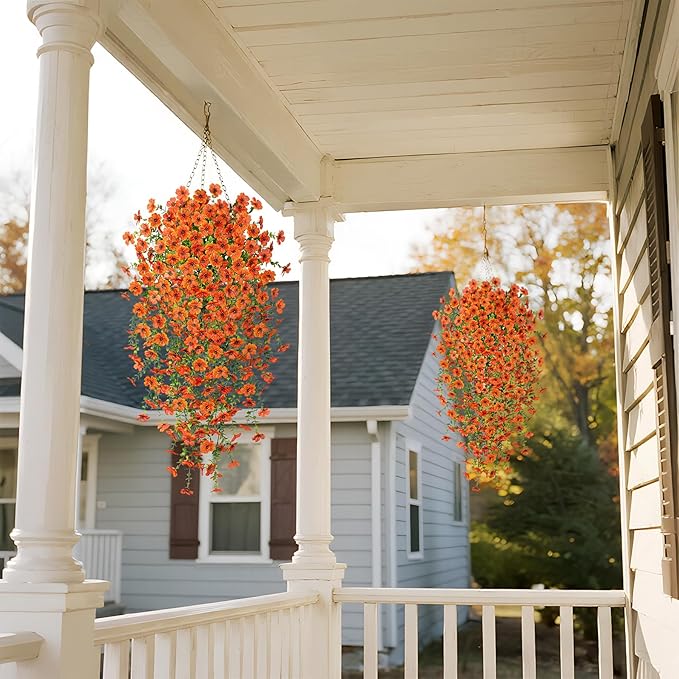 Ammyoo Artificial Hanging Flowers for Outdoors Fake Plants Decoration, 2 Packs Faux Silk Daisy Flower Realistic Outdoor Flowers UV Resistant Porch Patio Window Yard Indoor Spring Decor(Orange)