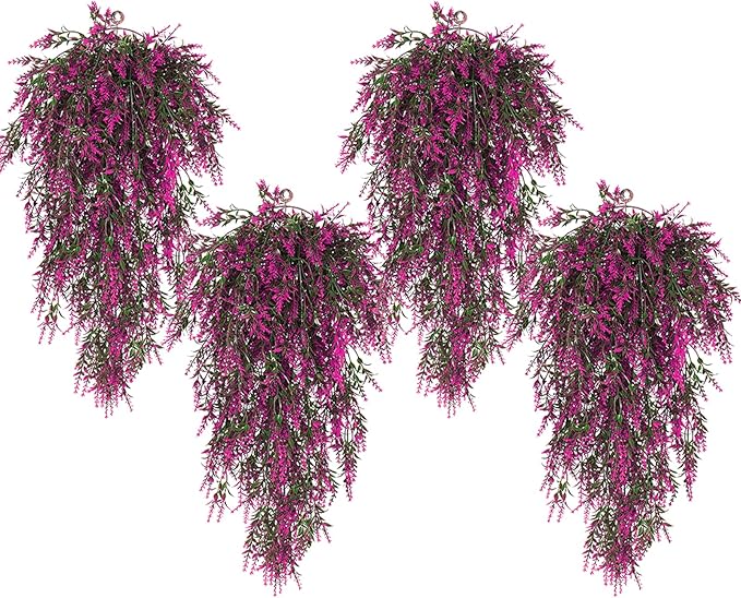 SJL Artificial Flowers for Outdoors Fake Hanging Plant Spring Fake Greenery UV Resistant Artificial Plant Faux Lavender Flower Hanging Greenery Vine for Wedding Farmhouse Porch Shelf Decor (Fuchsia)