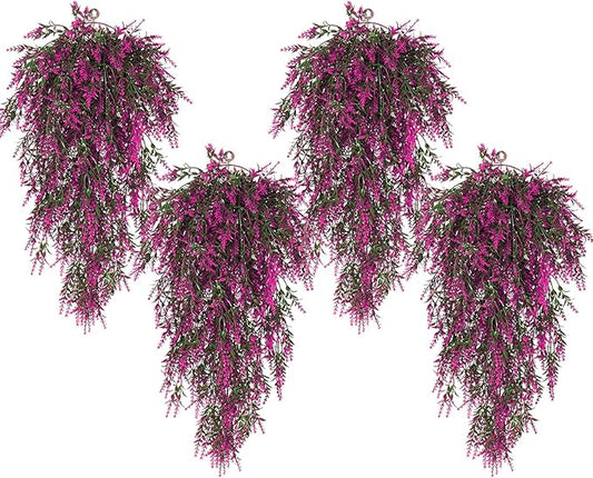 SJL Artificial Flowers for Outdoors Fake Hanging Plant Spring Fake Greenery UV Resistant Artificial Plant Faux Lavender Flower Hanging Greenery Vine for Wedding Farmhouse Porch Shelf Decor (Fuchsia)