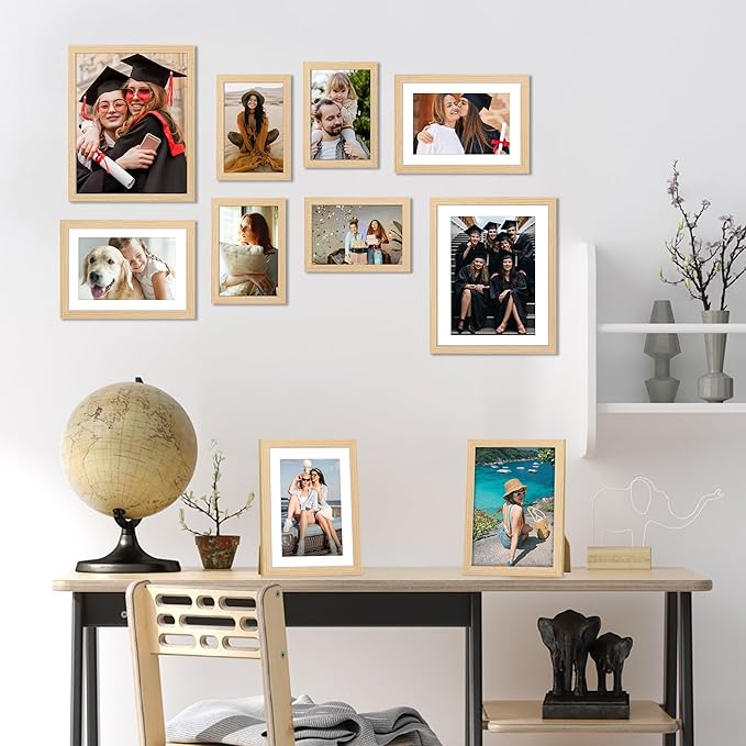 FIXSMITH 10 Pack Natural Picture Frames Collage Wall Decor for Mounting or Tabletop Display, Gallery Wall Frame Set with Two 8x10 Natural Frames, Four 5x7 and Four 4x6 Frames, Multi-Pack Photo Frame Set