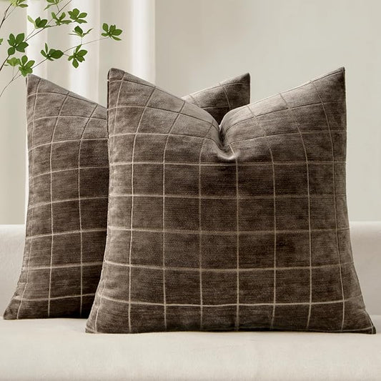 MIULEE Decorative Chenille Check Throw Pillow Covers Vintage Plaid Couch Pillows 18x18 Inch Set of 2 Neutral Boho Farmhouse Cushion Covers Modern Home Decor for Sofa Bed Living Room Brown