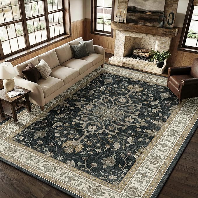 RELEANY Area Rugs 10'x12' Washable Non-Slip, Floral Vintage Distress Print Pattern Medallion Carpet for Living Room Bedroom Dining Room, Vintage Black Brown Neutral