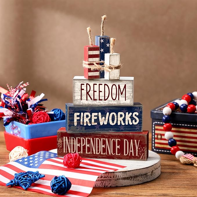 CroBlissful 4 Pcs 4th of July Decorations Patriotic Memorial Day Tabletop Decorations Red White Blue Table Centerpieces Sign for Office Tiered Tray Home Shelf 250th Anniversary(Patriotic)