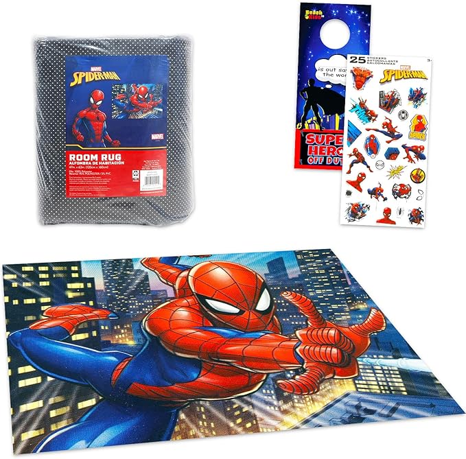 Spiderman Rug for Kids Room Set - Bundle with 48x72in Area Carpet for Bedroom, Room Decor, Plus Stickers and More | Spiderman Rug for Bedroom