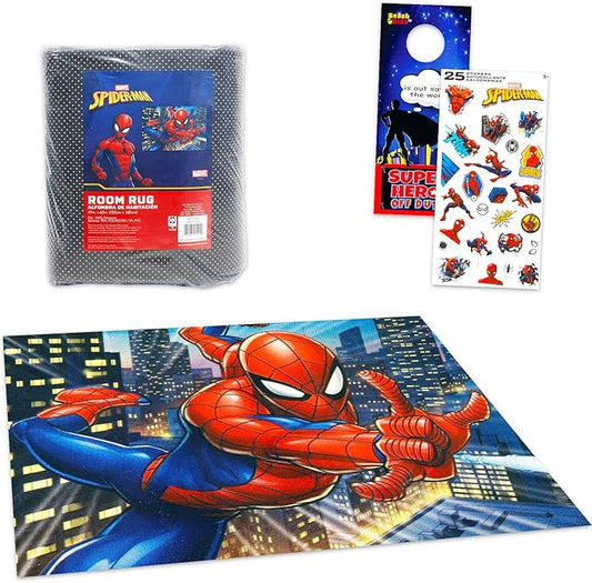 Spiderman Rug for Kids Room Set - Bundle with 48x72in Area Carpet for Bedroom, Room Decor, Plus Stickers and More | Spiderman Rug for Bedroom