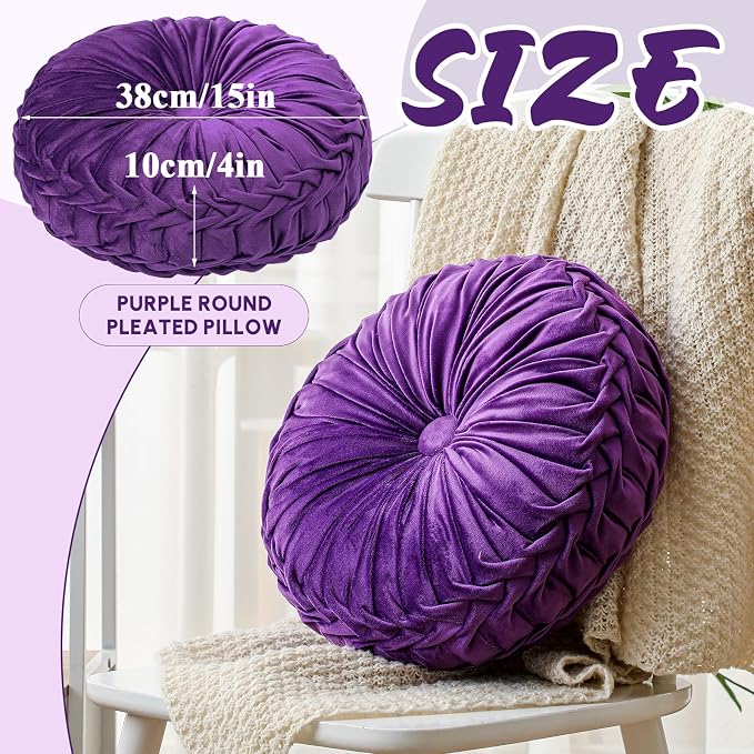 Drydiet 1 Pcs Round Throw Velvet Pillows Decorative Pleated Throw Pillows Diameter Accent Pumpkin Boho Chair Cushion for Couch Sofa Home Decoration (Purple,15'')