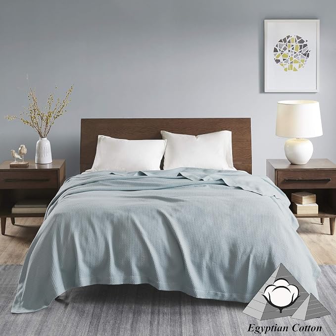 Madison Park 100% Egyptian Cotton Lightweight Summer Blanket, Breathable Waffle Knit Design, Soft Cozy All-Season Throw for Bed, Couch or Sofa, Light Blue Full/Queen Size (90"x90")