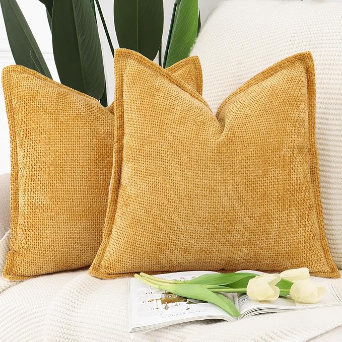 MADIZZ Decorative Chenille Velvet Throw Pillow Covers Set of 2 Soft Boho Textured Neutral Couch Throw Pillow for Bed Modern Farmhouse Home Decor for Sofa Livingroom Yellow 24x24 Inch Euro Sham