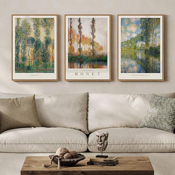 Large Framed Claude Monet Landscape Wall Art for Living Room, 3 Piece Impressionist Vintage Nature Prints Paintings, Green Tree Canvas Pictures Artwork Decor for Bedroom Entryway 16x24 Inch