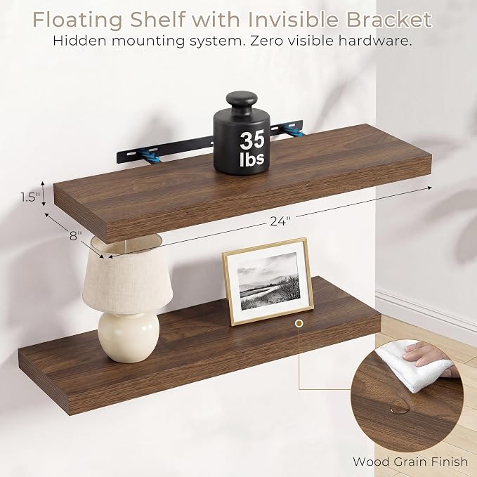 Vivelove Wall Floating Shelves for Display with Invisible Brackets, 24 Inch Floating Shelves for Bedroom Bathroom Living Room Kitchen Office, 24”X 8" X 1.4", Set of 2 - Walnut